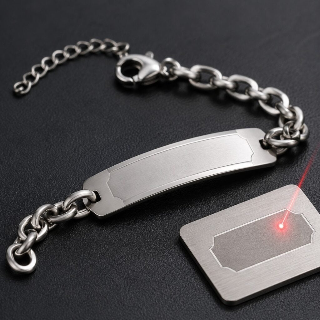 Laser-marked stainless steel ID bracelet with blank geometric engraving zone