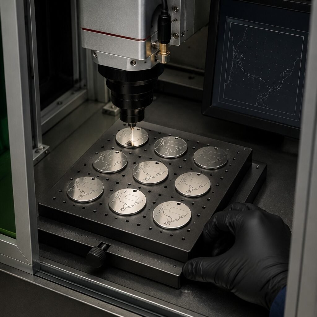 Fiber laser engraving route-line details on stainless steel jewelry tags