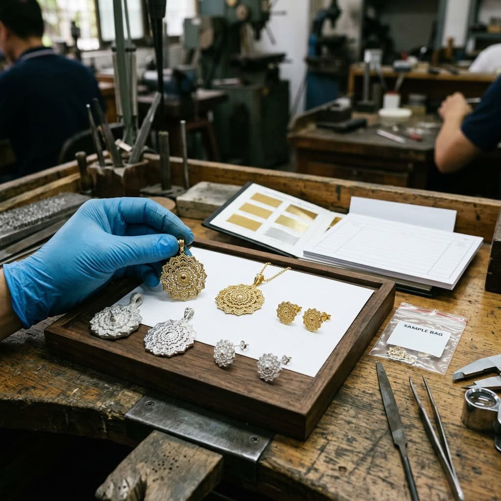 mandala jewelry golden sample approval worktable