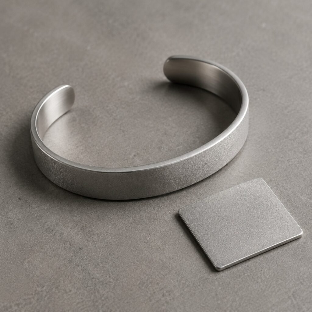 Matte sandblasted stainless steel cuff with uniform grain and polished interior