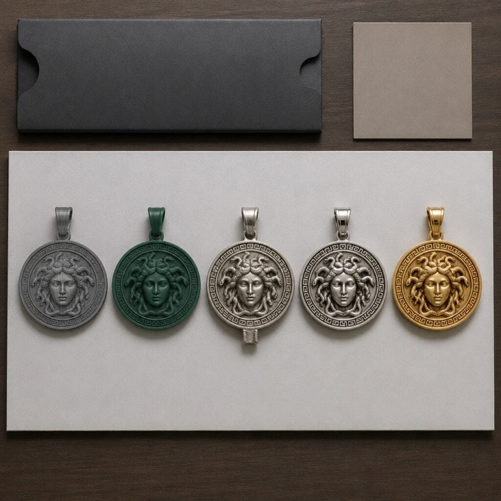 Medusa inspired stainless steel medallion progressing from CAD to approved sample