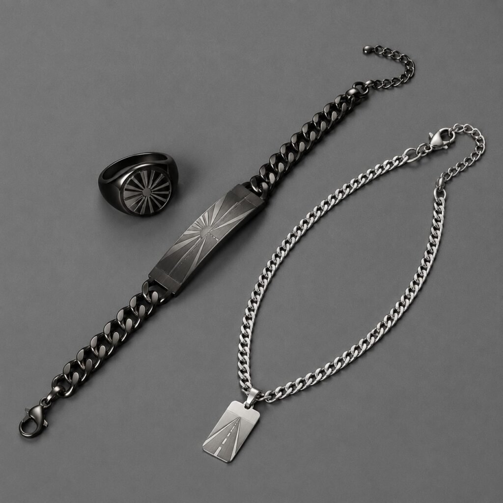 Men's black PVD road jewelry with signet ring, bracelet, and necklace