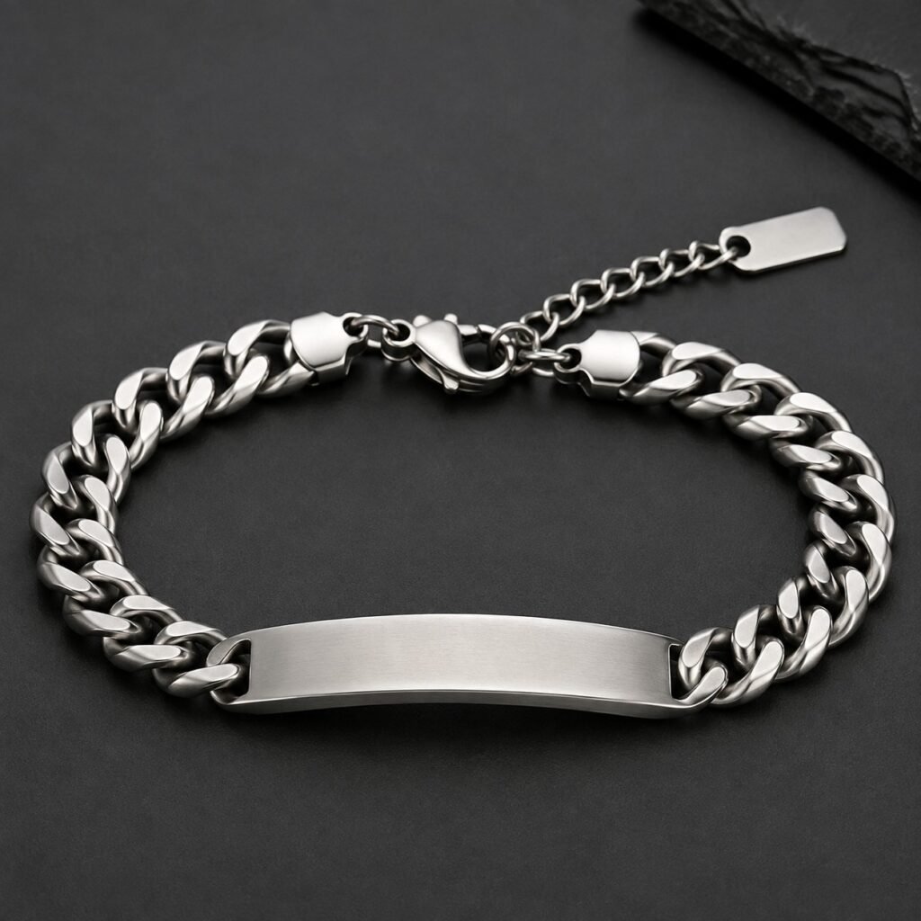 Men's stainless steel Cuban ID bracelet with black PVD accents