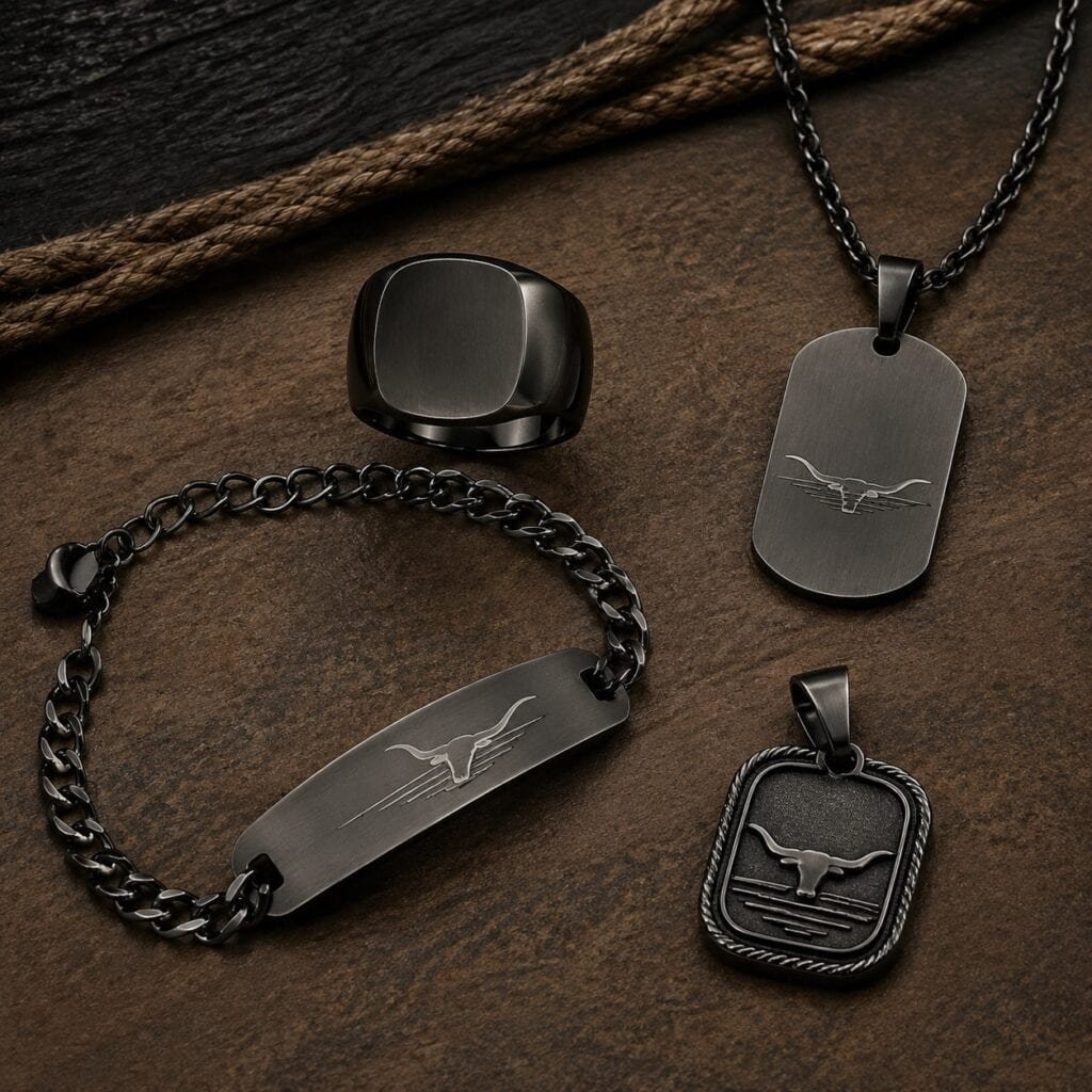 Men's Western stainless steel rings, bracelet, chain, and engraved pendants