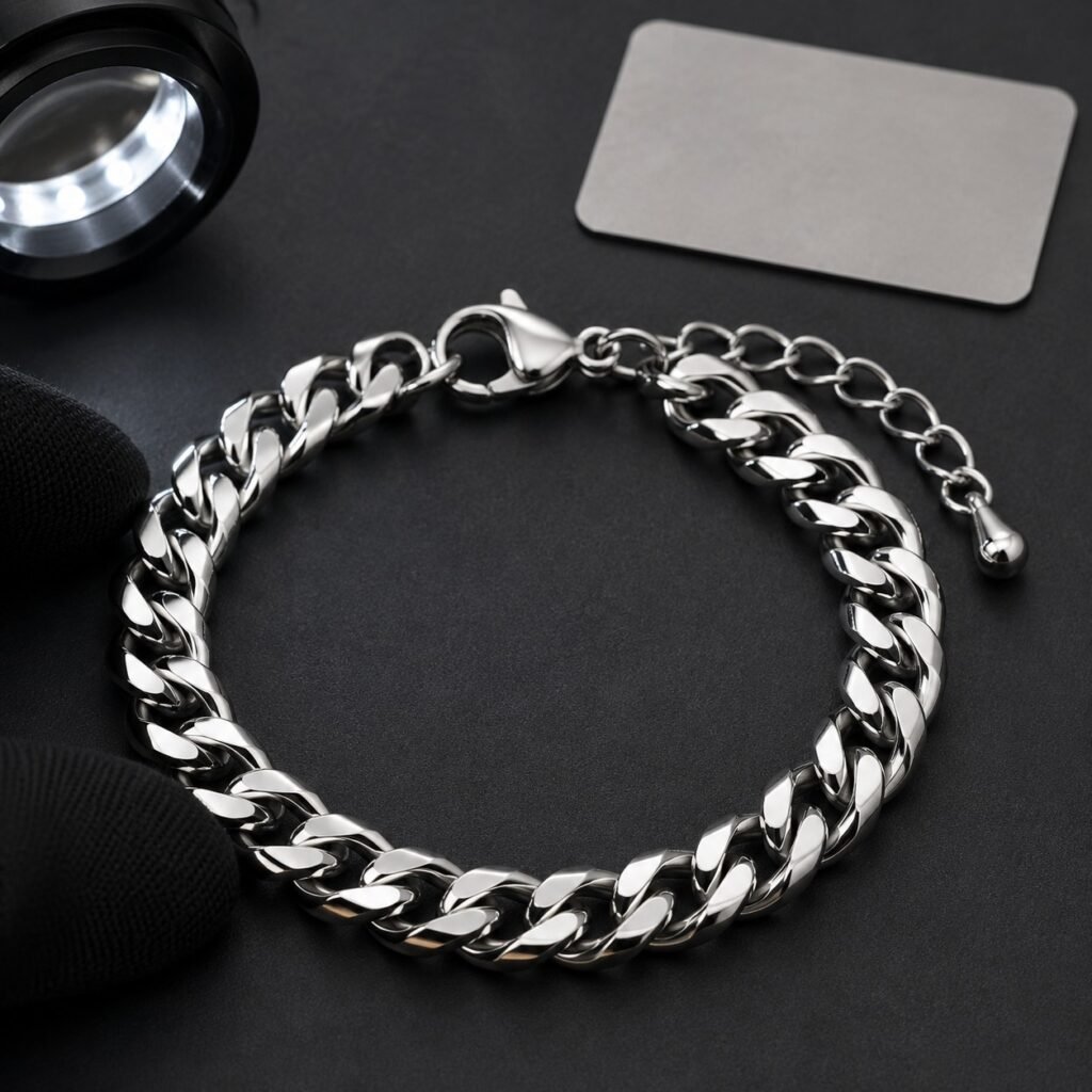Mirror-polished stainless steel chain bracelet inspected under controlled lighting