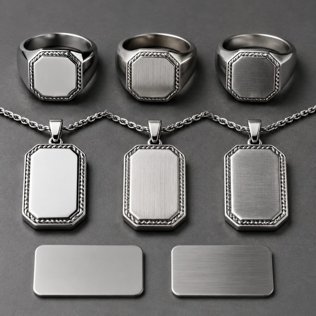 Natural steel Western jewelry samples comparing polished, satin, and brushed surfaces