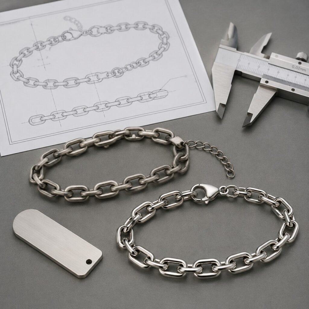 OEM stainless steel bracelet drawing, prototype, and finished sample