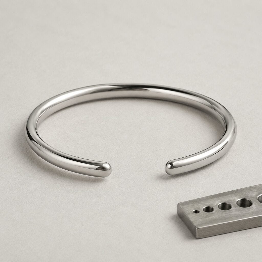 Polished stainless steel open cuff bangle with aligned rounded ends