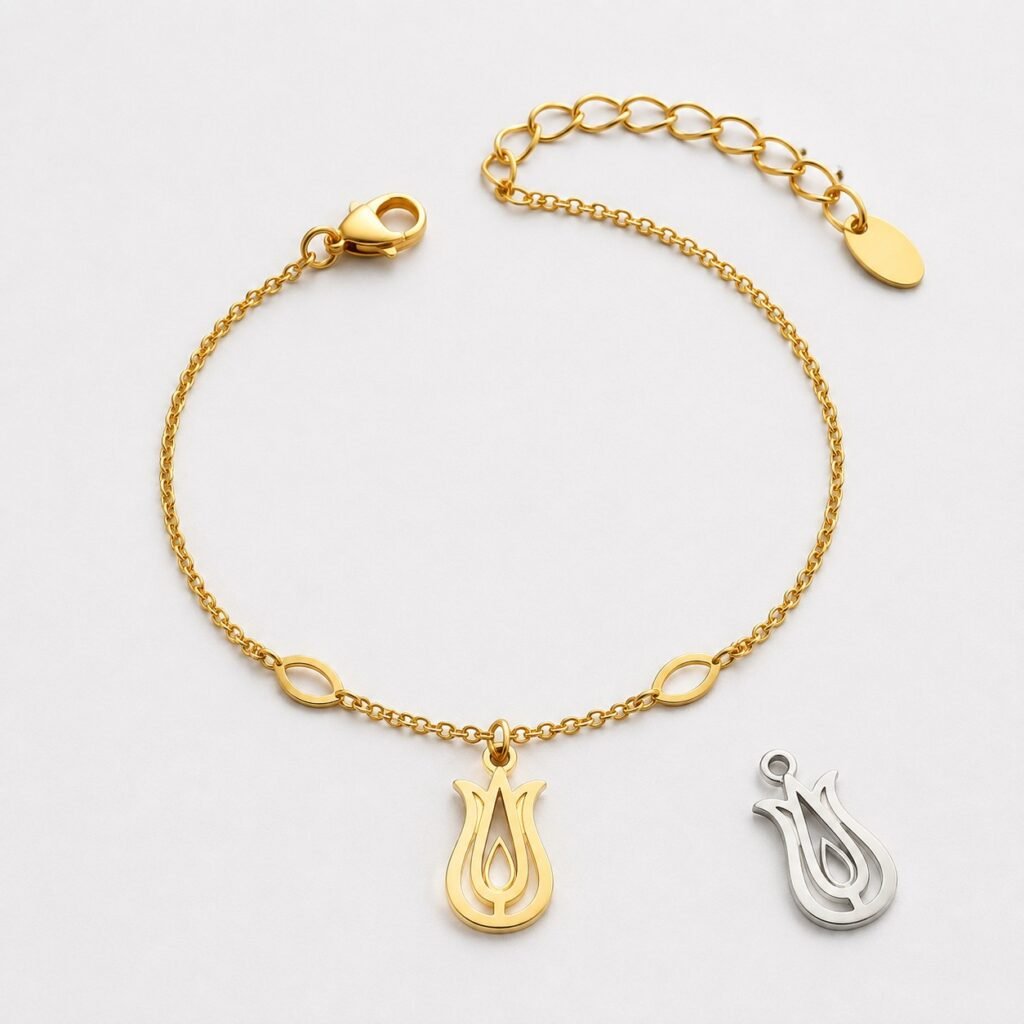 PVD gold Ottoman tulip charm bracelet with extension chain