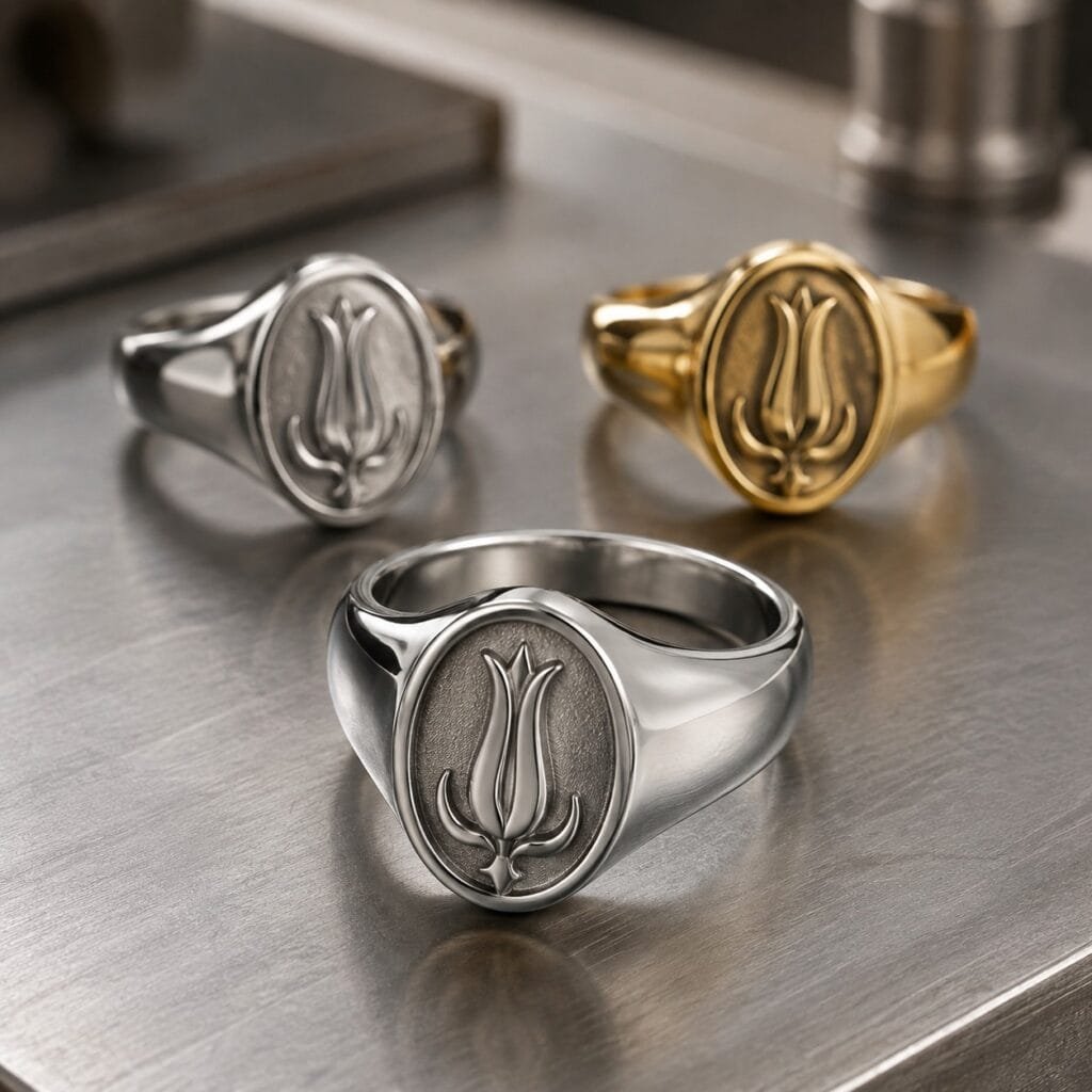 Stainless steel Ottoman tulip signet ring samples