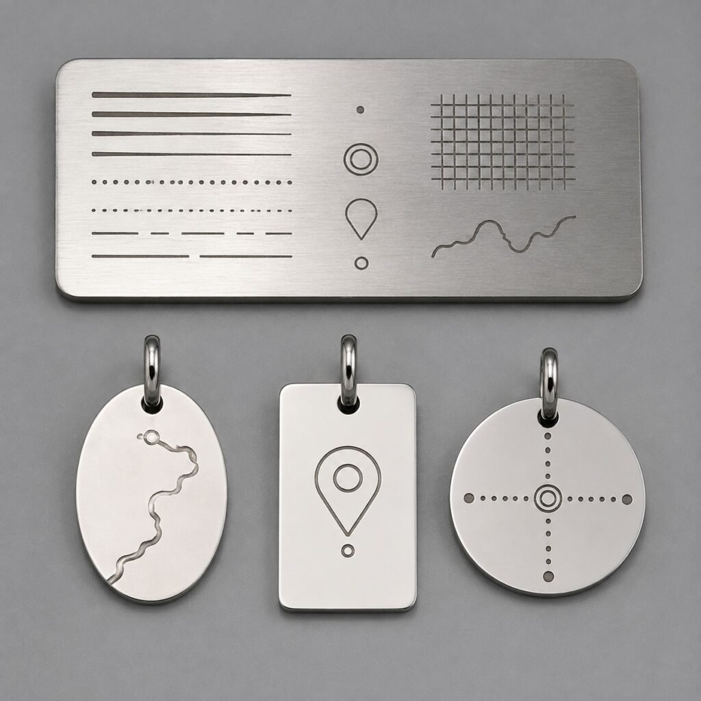 Personalized location stainless steel tags with fine route-line engraving