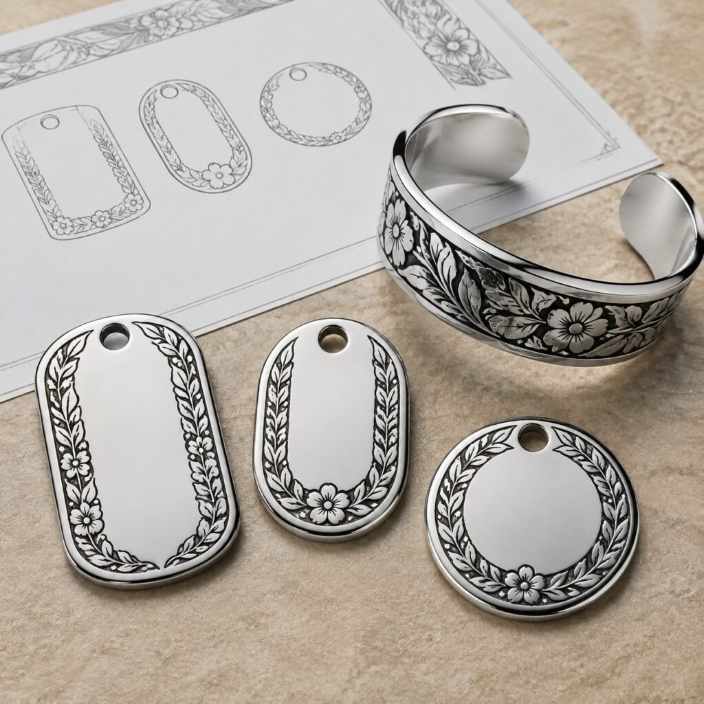 Blank tropical tags beside a continuous-pattern stainless steel cuff
