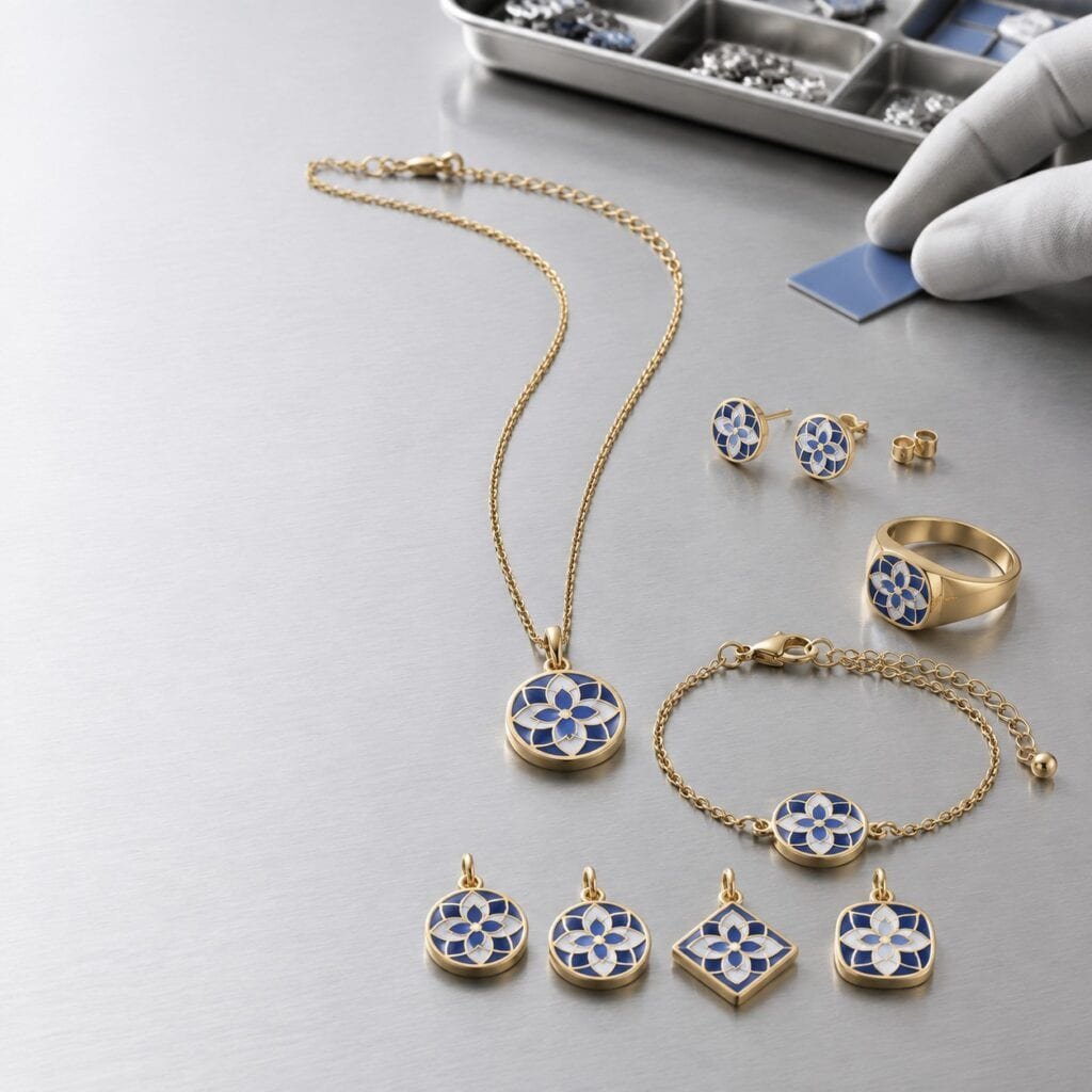 Azulejo-inspired stainless steel jewelry collection on a factory sample bench