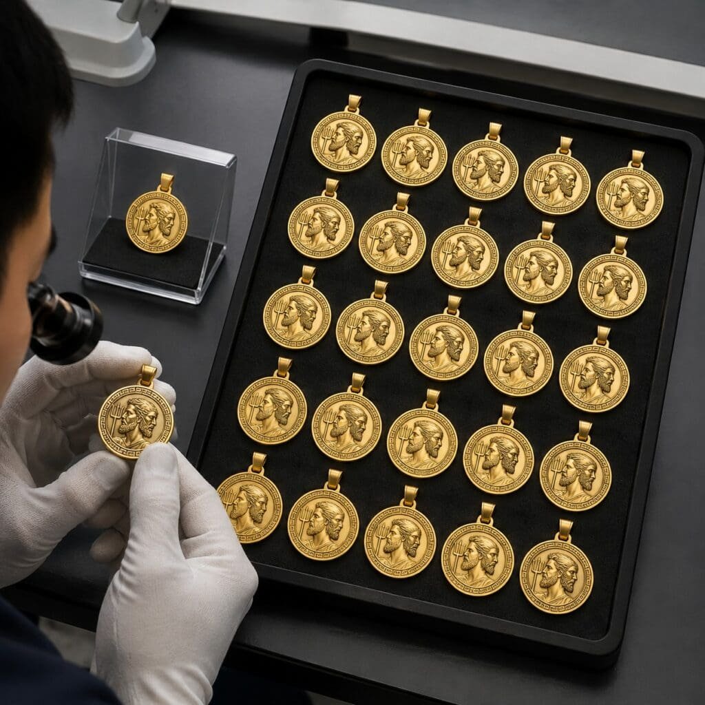 Bulk Poseidon medallion pendants inspected beside an approved first article