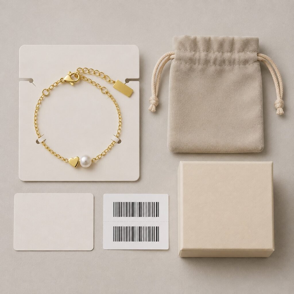 Private-label bracelet displayed with blank card pouch and gift box