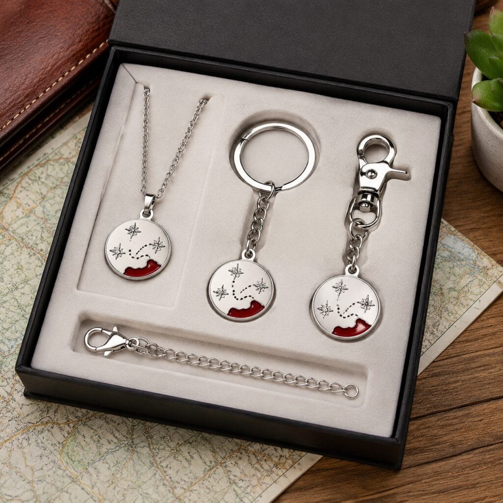 American road trip jewelry set with matching keychain and bag charm
