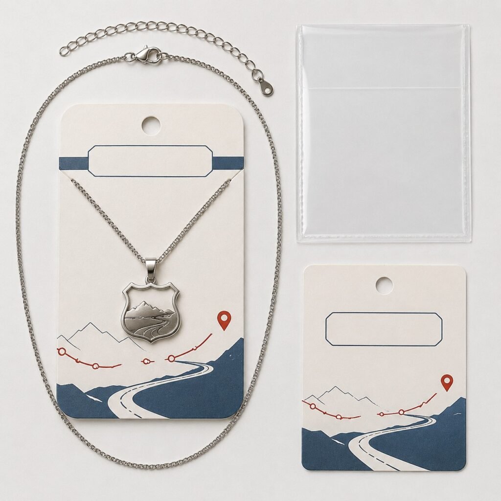 Road trip pendant packaging with coordinated story and care cards