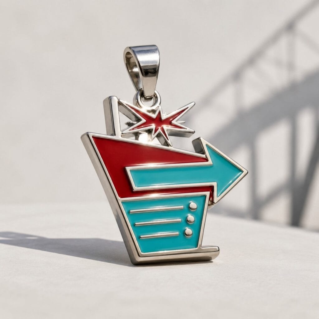 Roadside sign inspired stainless steel pendant with restrained color fill