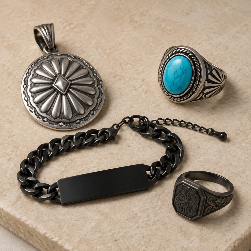 Rodeo statement and rugged men's stainless steel Western jewelry samples