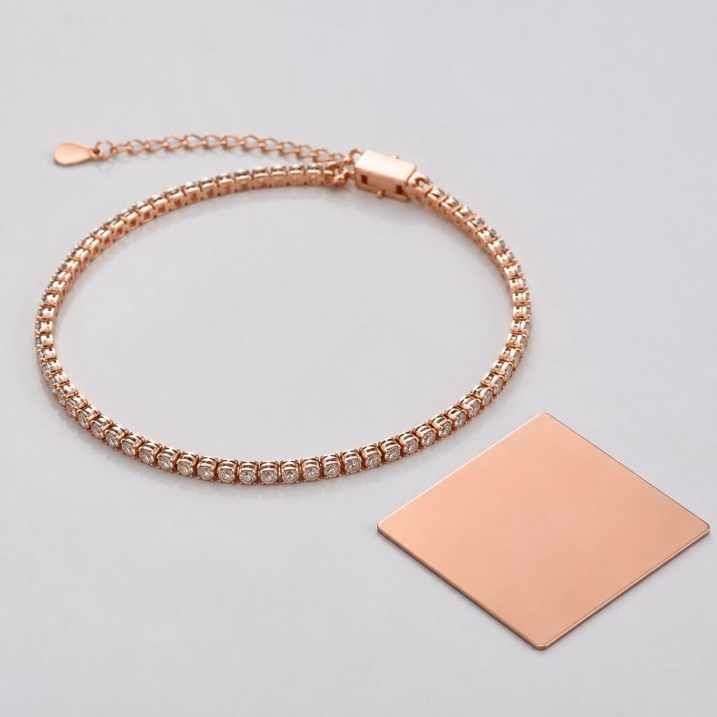 Rose-gold PVD tennis bracelet with aligned stones and color reference