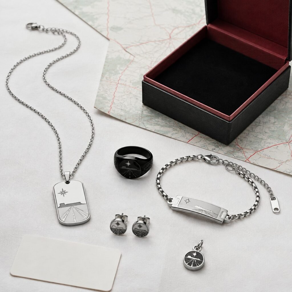 American road trip stainless steel jewelry collection with retail gift packaging