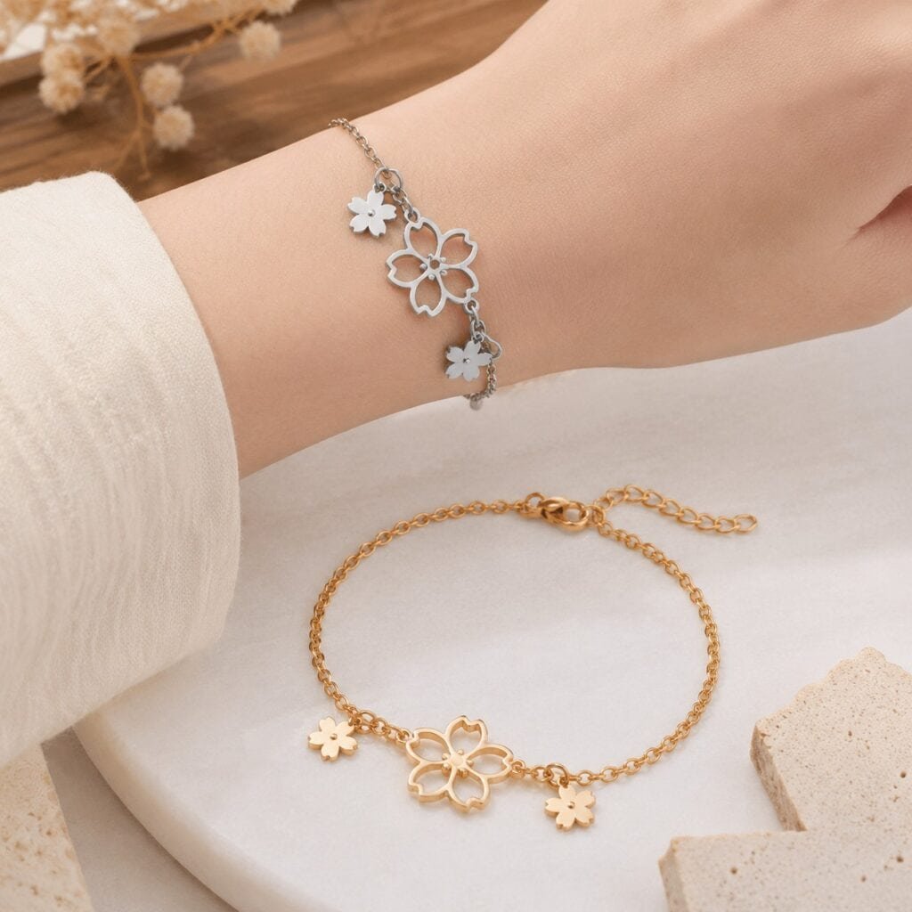 Falling petal motion in a stainless steel sakura jewelry design