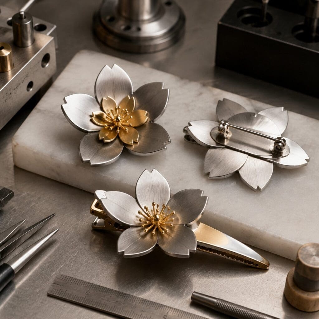 Stainless steel sakura brooch and hair accessory samples
