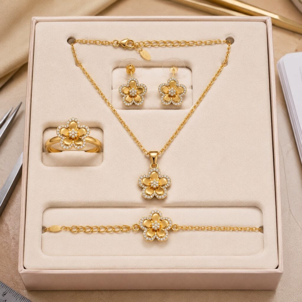 Coordinated sakura necklace earrings ring and bracelet set