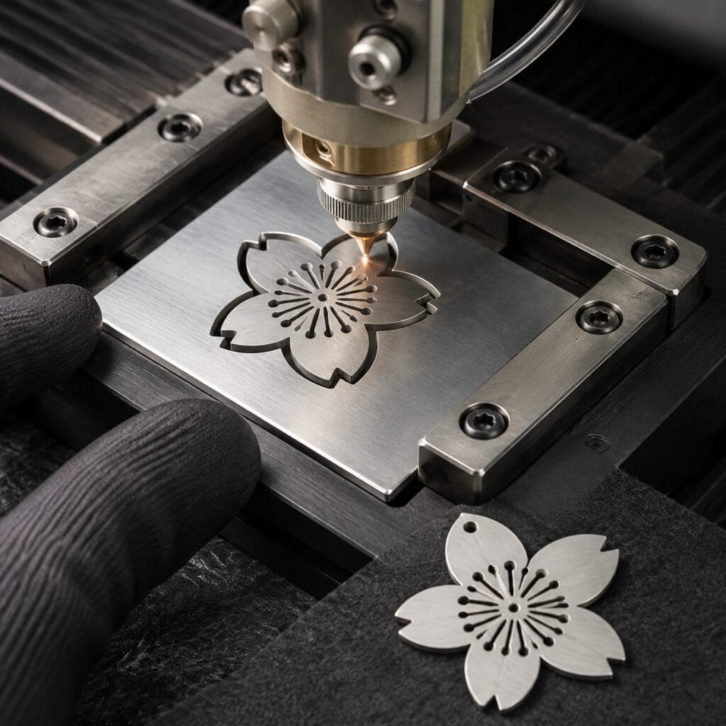 Laser cutting a flat stainless steel sakura silhouette