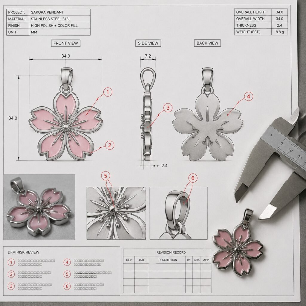 Sakura jewelry DFM risk and engineering drawing review