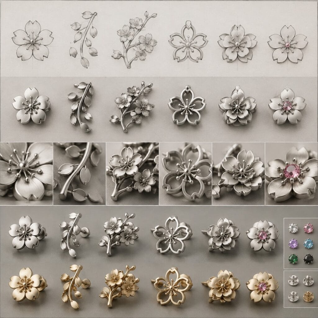 Sakura jewelry motif design and finish development board