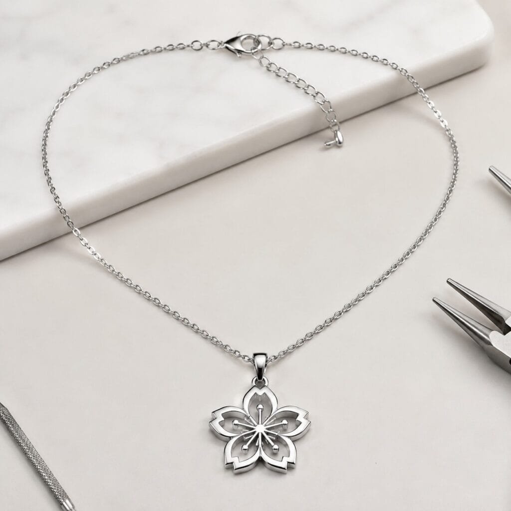 Stainless steel sakura pendant necklace manufacturing sample