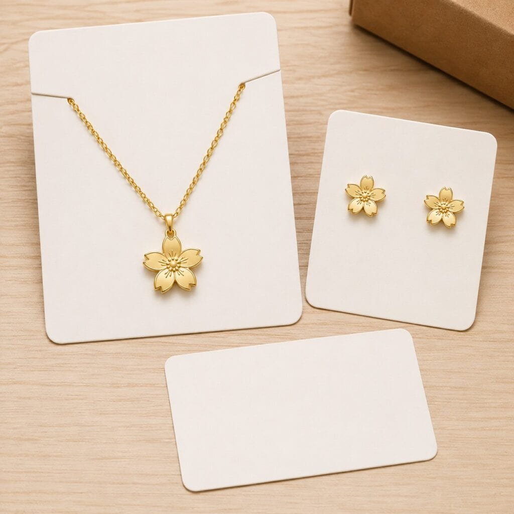Sakura necklace and earrings on private label jewelry cards