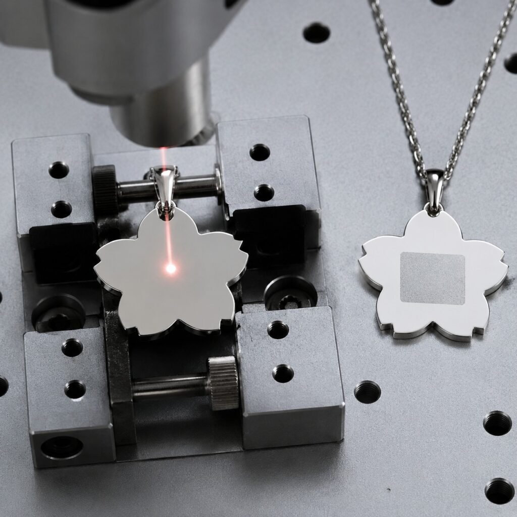 Private label logo marking on a stainless steel sakura pendant