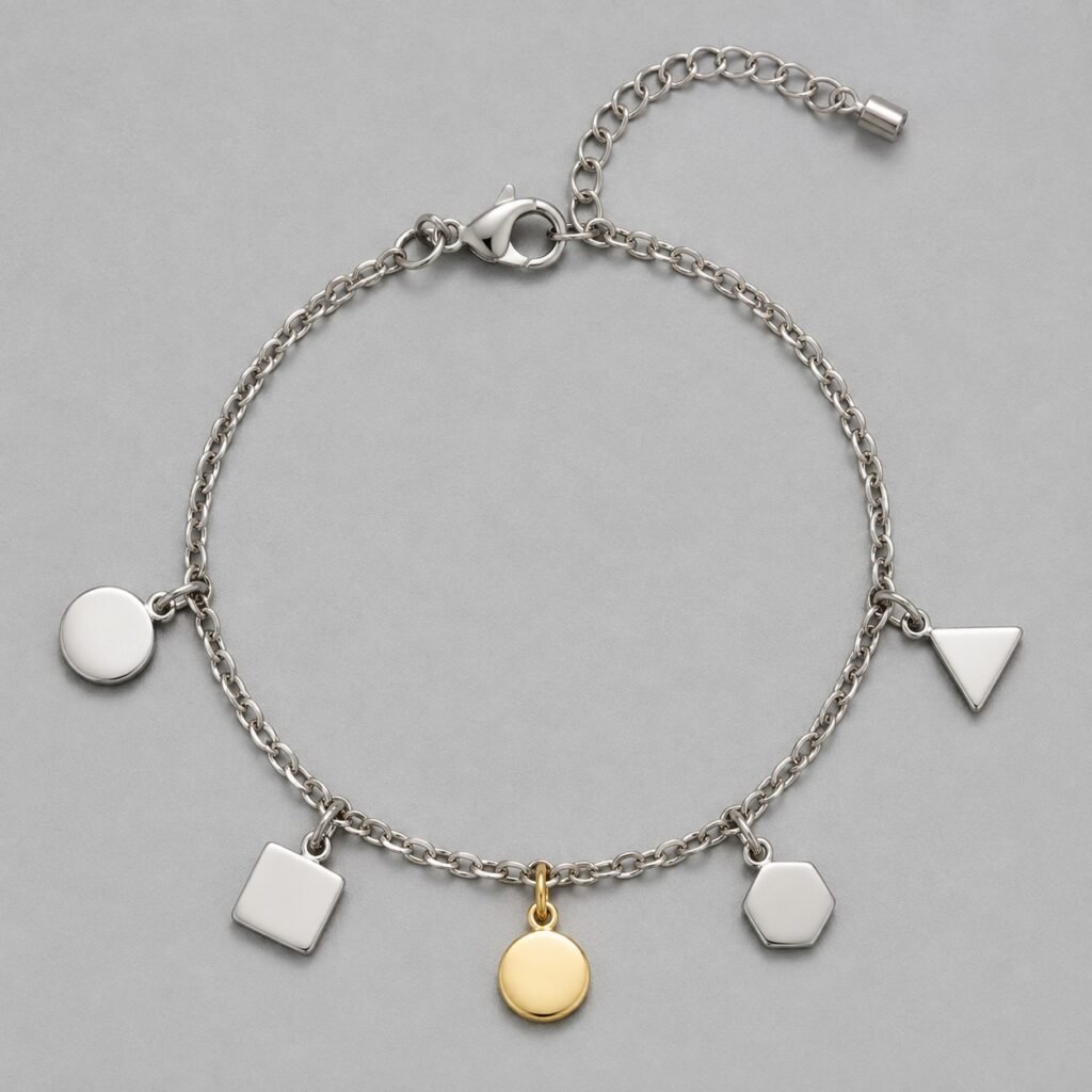Stainless steel charm bracelet with closed rings and adjustable clasp