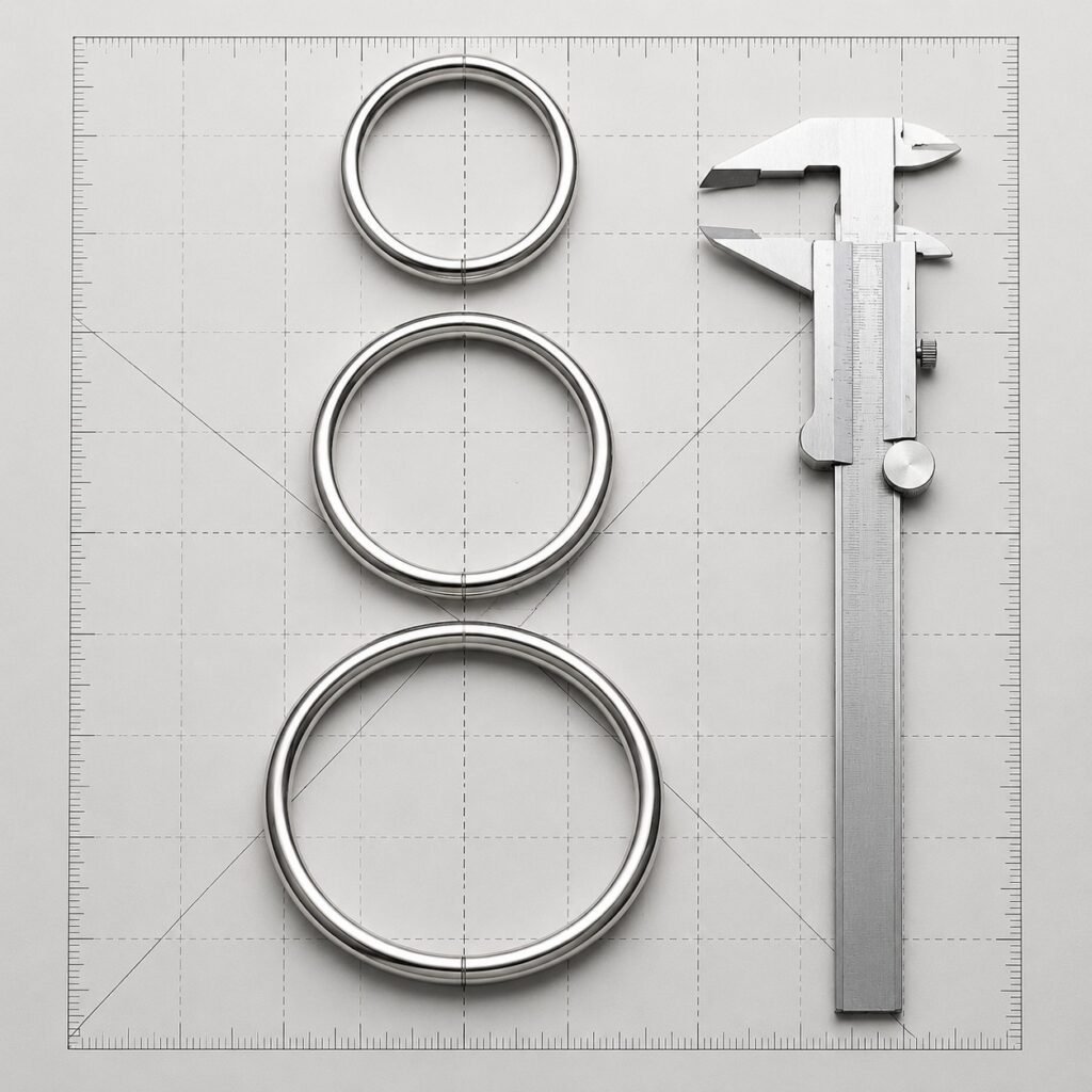 Three closed stainless steel bangles shown in reference size options