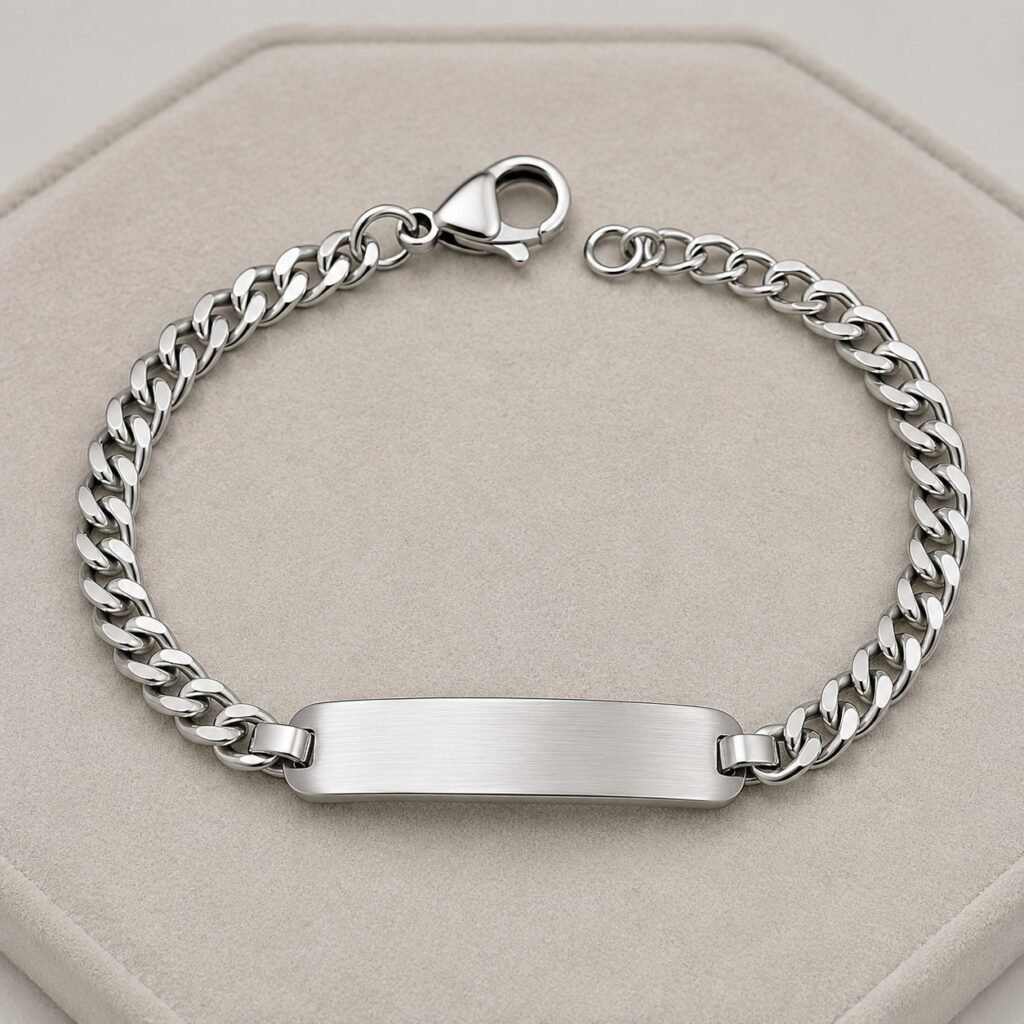 Brushed stainless steel ID bracelet with blank engraving plate and clasp