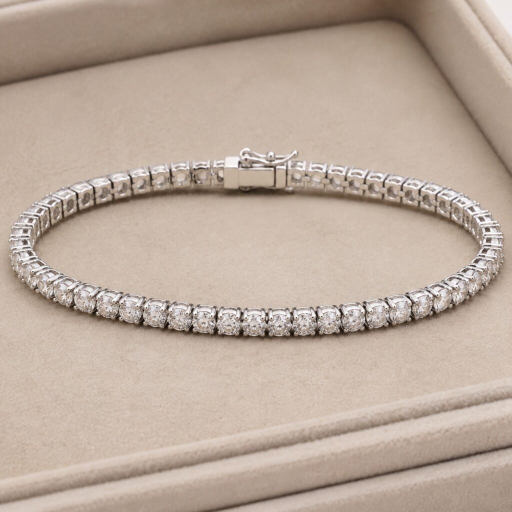 Stone-set stainless steel tennis bracelet with aligned links and box clasp