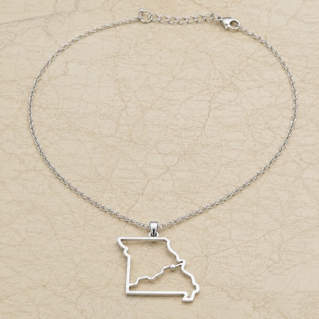 Stainless steel state-map pendant necklace with an original route line