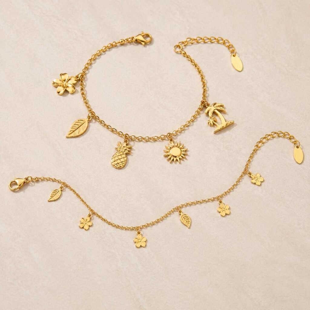Tropical charm bracelet and leaf anklet with complete adjustable closures