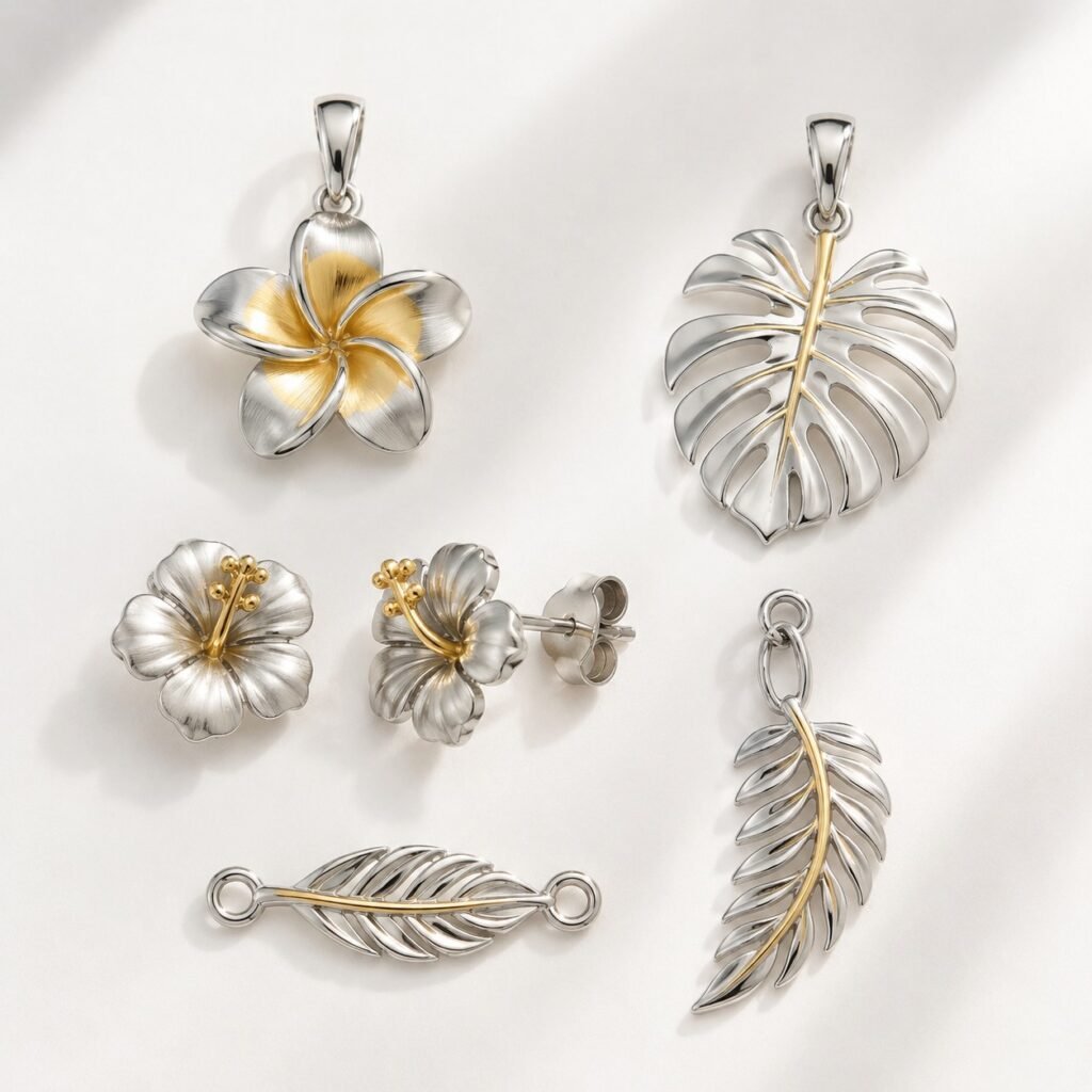 Floral and leaf stainless steel motifs arranged on one development board