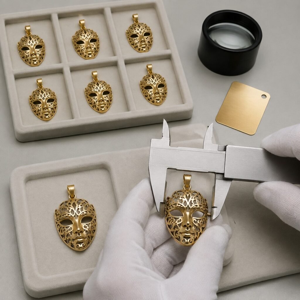 Approved Venetian mask pendant and first article under dimensional inspection