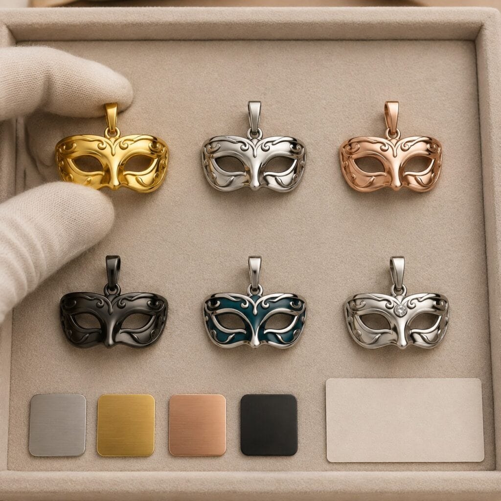 Venetian mask pendant samples in steel PVD color and stone options