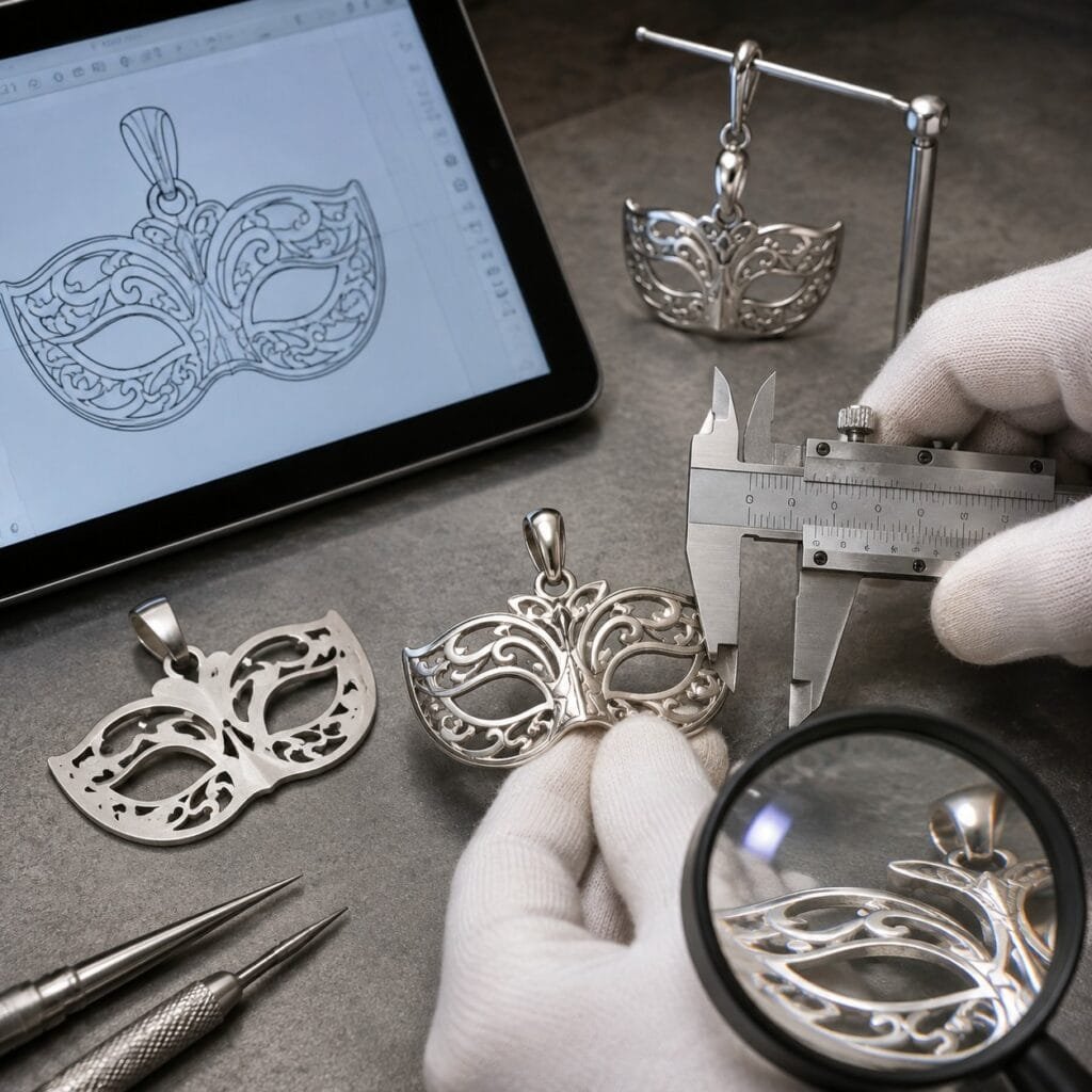 Openwork stainless steel mask pendant under CAD and dimensional review