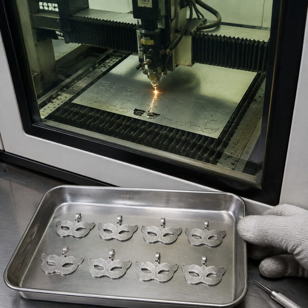 Laser-cut stainless steel Venetian mask blanks beside an industrial cutting machine