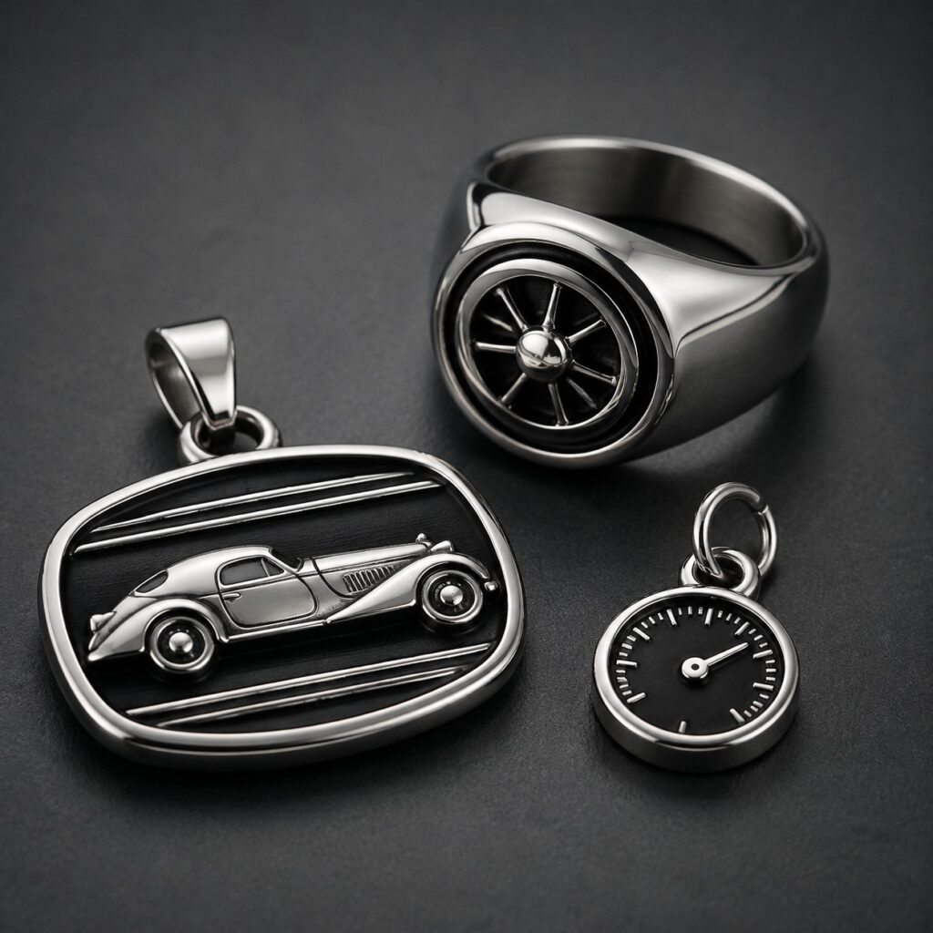Vintage auto inspired stainless steel pendant, signet ring, and charm