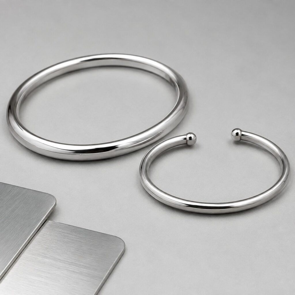 Bright rhodium-color bracelet samples showing smooth plated stainless steel surfaces