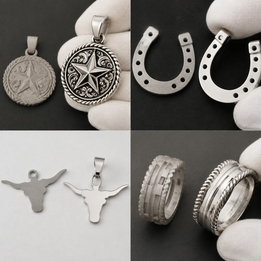 Western jewelry samples showing casting, stamping, laser cutting, and CNC routes