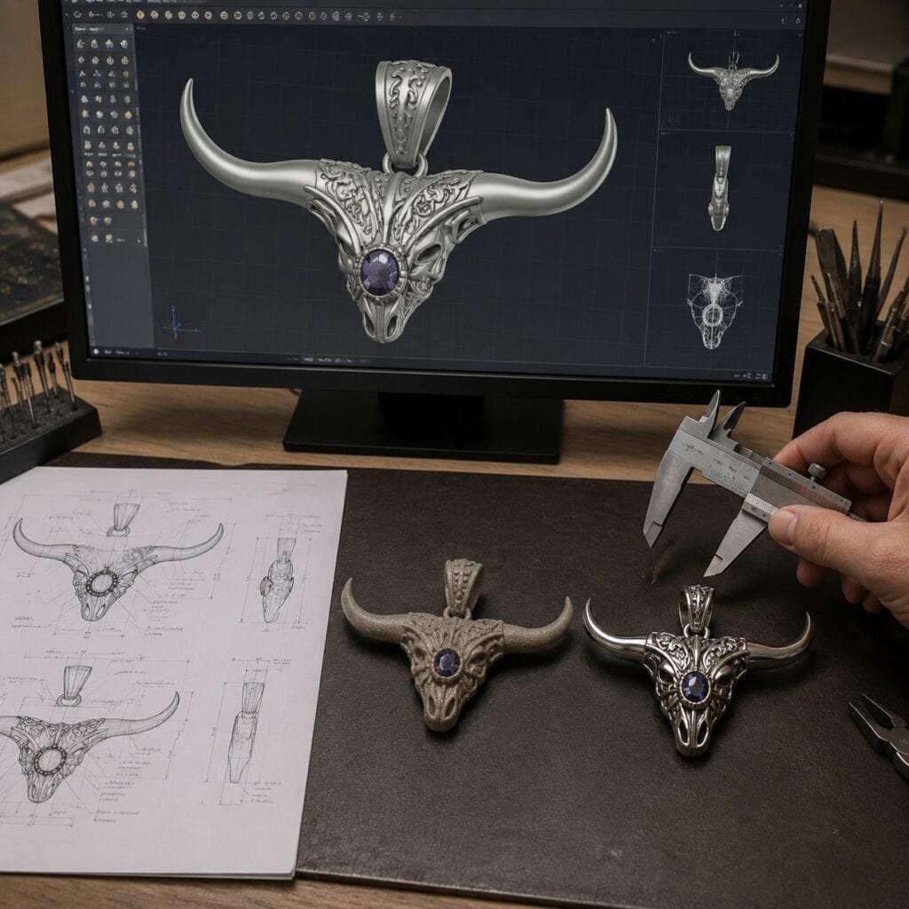Western pendant DFM review comparing CAD, prototype, and corrected steel sample