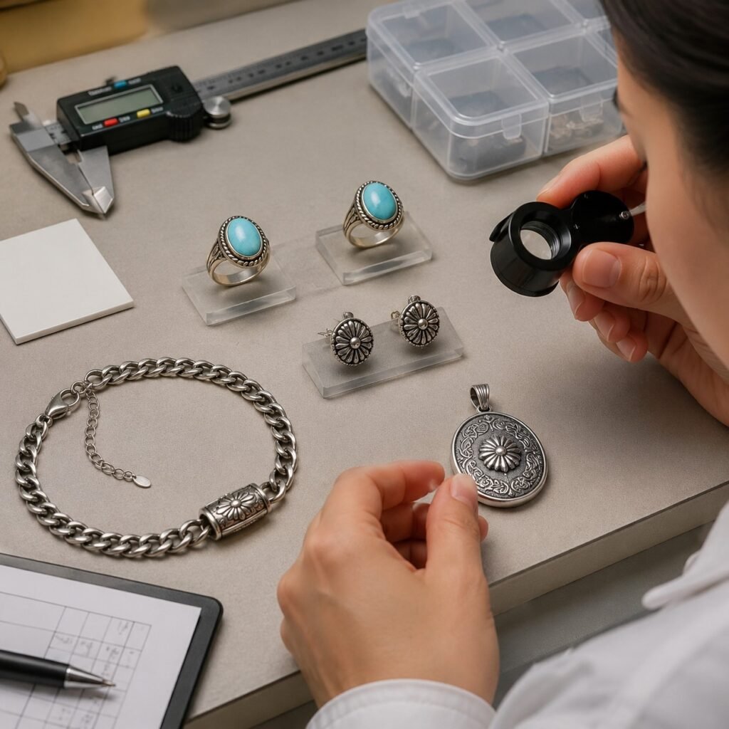 Western stainless steel jewelry inspected against retained first-article samples